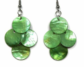 Green Mussel Shell Earrings You Choose Ear Wires - Sterling Silver, Hypoallergenic, Leverback, Green Chandelier Earrings, Shell Disc Earring