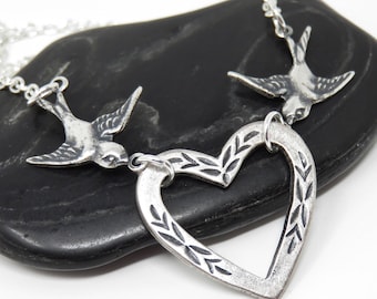 2 Little Birds Necklace + Heart Pendant You Choose Length, Silver Bird Jewelry, Two Sparrows Necklace, Gift For Mom, Mother of 2 Necklace