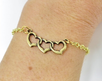 Gold Three Hearts Bracelet You Choose Size - Polyamory Jewelry, Mother's Day Gift For Mom of Three, Valentine's Day Gift For Girlfriend