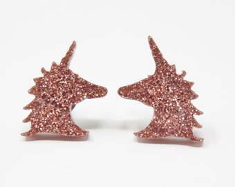 Unicorn Stud Earrings in Rose Gold Glitter On Hypoallergenic Posts For Sensitive Ears, Laser Cut Unicorn Gifts, Kawaii Jewelry For Girls