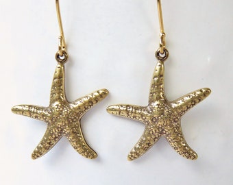 Gold Starfish Earrings You Choose Ear Wires, 14K Gold, Lever Back, Antiqued Brass Sea Star Earrings, Beach Wedding Jewelry For Bridesmaids