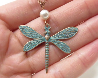 Copper Dragonfly Necklace With Green Patina And White Swarovski® Crystal Pearl - You Choose Length - Nature Gifts For Women, Insect Jewelry