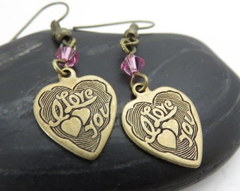 Heart Earrings You Choose Crystal Color & Ear Wires, I Love You Brass Heart, Mother's Day Gift For Mom, Valentine's Day Gift For Girlfriend