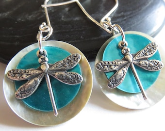 Silver Dragonfly Earrings With Natural & Aqua Blue Mussel Shells You Choose Ear Wires, Fairycore Jewelry, Whimsical Gift For Nature Lover