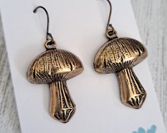 Gold Mushroom Earrings You Choose Ear Wires, Cottagecore Earrings, Mushroom Jewelry, Boho Jewelry, Mushroom Gifts, Woodland Nature Earrings