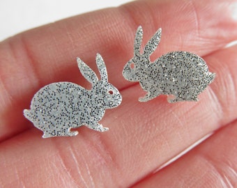 Silver Bunny Earrings On Hypoallergenic Studs You Choose Backs - Silver Glitter Rabit Stud Earrings, Laser Cut Kawaii Jewelry, Easter Gift