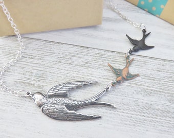 Mixed Metal 3 Birds Necklace You Choose Length, Silver Sparrow Necklace With Small Black And Copper Birds, Mother's Day Gift For Mom of 2