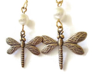 Gold Dragonfly Earrings With Cream Swarovski® Pearls You Choose Earwires, Cottagecore Earrings, Insect Jewelry, Dragonfly Jewelry, Twee