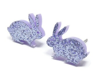 Purple Bunny Earrings With Stainless Steel Posts You Choose Backs, Lavender Easter Bunny Rabbit Stud Earrings, Purple Glitter Kawaii Jewelry