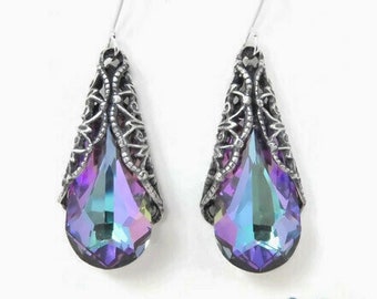 Crystal Teardrop Earrings In Light Vitral, Lavender Crystal Wrapped In Silver Filigree, You Choose Ear Wires, Bridesmaid Jewelry