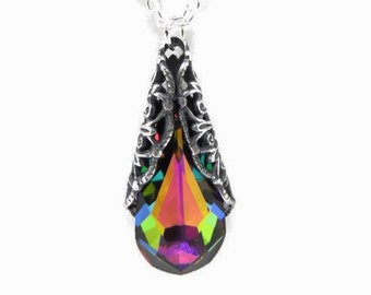 Crystal Teardrop Necklace In Medium Vitral You Choose Length - Silver Filigree Wrapped Rainbow Crystal, Bridesmaid Jewelry Gift