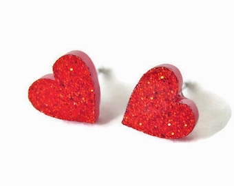 Small Red Heart Earrings On Hypoallergenic Studs You Choose Backs, Red Glitter Heart Earrings, Valentine's Day Gift For Her, Kawaii Jewelry