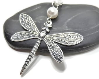 Silver Dragonfly Necklace With A White Swarovski Pearl You Choose Length - Antiqued Silver Dragonfly Jewelry, Insect Jewelry, Nature Jewelry