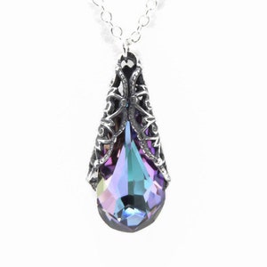 Crystal Teardrop Necklace In Light Vitral You Choose Length - Silver Filigree Wrapped Crystal Necklace, Bridesmaid Jewelry Gift
