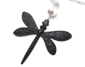 Black Dragonfly Necklace With White Swarovski Pearl And Silver Chain You Choose Length - Unique Dragonfly Pendant, Cottagecore Jewelry Gifts