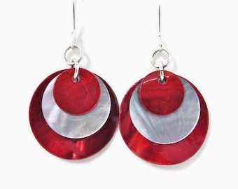 Red Mussel Shell Earrings You Choose Ear Wires - Sterilng Silver, Hypoallergenic, Leverback, Triple Shell Disc Earrings, Christmas Earrings