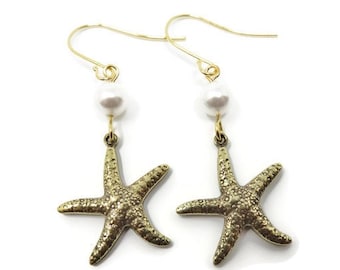 Gold Starfish Earrings With White Swarovski® Pearls You Choose Ear Wires, 14K Gold, Lever Back, Sea Star Earrings, Beach Wedding Jewelry