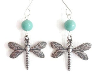 Silver Dragonfly Earrings + Jade Green Pearls You Choose Ear Wires - Sterling Silver, Hypoallergenic, Lever Back, Woodland Insect Jewelry