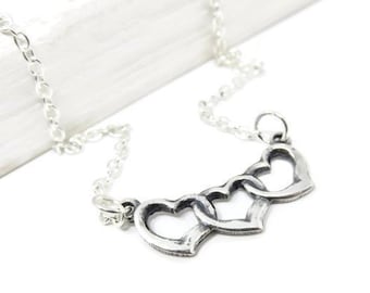 Silver 3 Hearts Necklace You Choose Length - Valentine's Gift, Polyamory Jewelry, Gift For Mother Of Three, 3 Year Anniversary Gift For Her