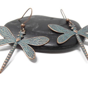 Patina copper dragonfly earrings.