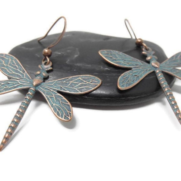 Copper Dragonfly Earrings With Verdigris Patina You Choose Ear Wires - Cottagecore Earrings, Dragonfly Jewelry, Insect Jewelry, Boho Jewelry