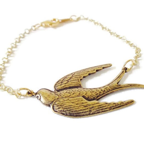 Gold Bird Bracelet You Choose Size - Antiqued Gold Sparrow Bracelet, Swallow Bracelet, Soaring Bird Jewelry, Cottagecore Jewelry, Bird Gifts