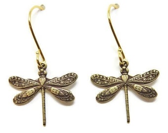 Small Gold Dragonfly Earrings You Choose Ear Wires, 14K Gold, Hypoallergenic, Leverback, Insect Jewelry, Dragonfly Jewelry, Cottagecore Gift