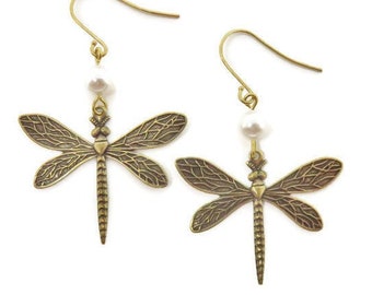 Gold Dragonfly Earrings With Cream Swarovski® Pearls You Choose Ear Wires, Cottagecore Earrings, Dragonfly Jewelry, Insect Jewelry