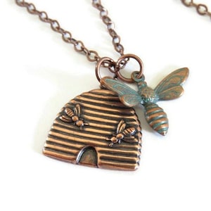 Copper Beehive Necklace With Verdigris Patina Bee You Choose Length, Little Bee Necklace, Bee Jewelry, Bohemian Jewelry, Nature Gift For Her