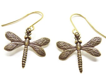 Gold Dragonfly Earrings You Choose Ear Wires, 14K Gold Filled, Lever Back, Brass, Dragonfly Gifts, Cottagecore Earrings, Insect Jewelry