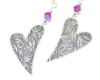 Silver Heart Earrings + Swarovski® Crystals In Fuchsia AB2X You Choose Ear Wires - Valentine's Day Gifts For Wife, Mother's Day Gift For Mom