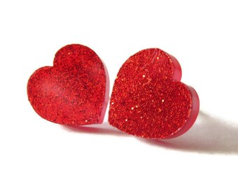 Red Heart Earrings You Choose Backs - Hypoallergenic Red Glitter Heart Stud Earrings, Valentine's Day Gift For Girlfriend, Kawaii Jewelry