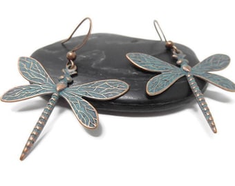 Copper Dragonfly Earrings With Verdigris Patina You Choose Ear Wires - Cottagecore Earrings, Dragonfly Jewelry, Insect Jewelry, Boho Jewelry