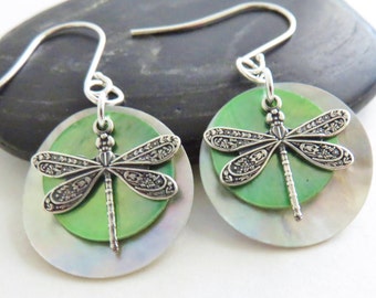 Silver Dragonfly Earrings With Green & Natural Mussel Shell Discs You Choose Ear Wires - Sterling Silver, Hypoallergenic, Dragonfly Jewelry