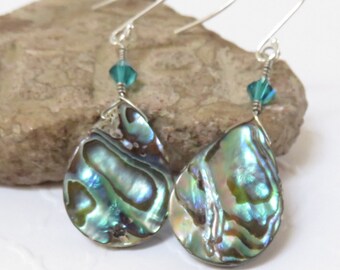 Turquoise Paua Abalone Shell Earrings With Swarovski® Crystals + Your Choice Of Ear Wires - Sterling, Hypoallergenic, Beach Wedding Jewelry