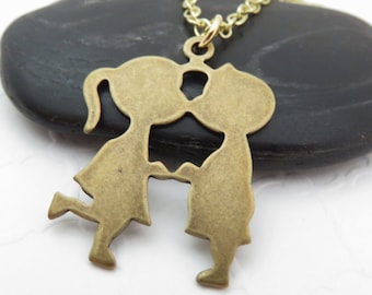 Brass Kissing Couple Necklace - You Choose Chain, Gold, Brass, Antiqued Brass, Unique Valentine's Day Gift For Girlfriend,  Hugs and Kisses