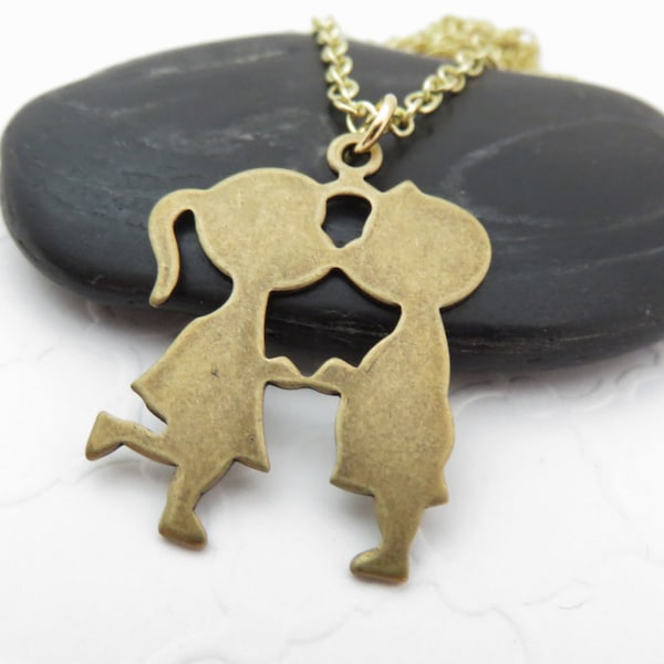 Brass Kissing Couple Necklace - You Choose Chain, Gold, Brass, Antiqued Brass, Unique Valentine's Day Gift For Girlfriend,  Hugs and Kisses