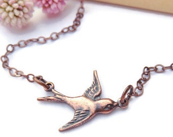 Antiqued Copper Bird Necklace You Choose Length, Sparrow Necklace, Cottagecore Necklace, Simple Bird Jewelry, Boho Jewelry, Gift For Birder