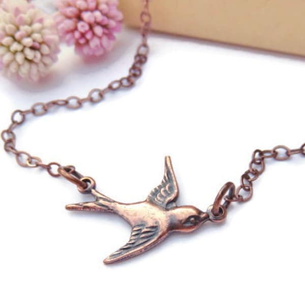 Antiqued Copper Bird Necklace You Choose Length, Sparrow Necklace, Cottagecore Necklace, Simple Bird Jewelry, Boho Jewelry, Gift For Birder