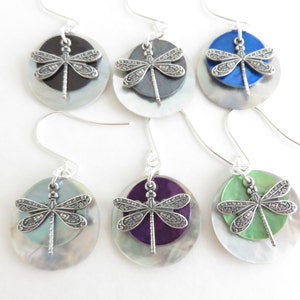 Custom Silver Dragonfly Earrings With Mussel Shell Discs You Choose Color & Ear Wires - Sterling Silver, Hypoallergenic, Lever Back, Twee
