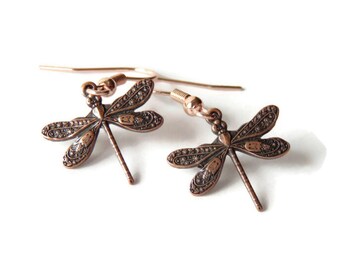 Small Dragonfly Earrings In Antiqued Copper With Your Choice of Ear Wires, Dainty Insect Earrings, Cottagecore Jewelry, Fairycore Gifts
