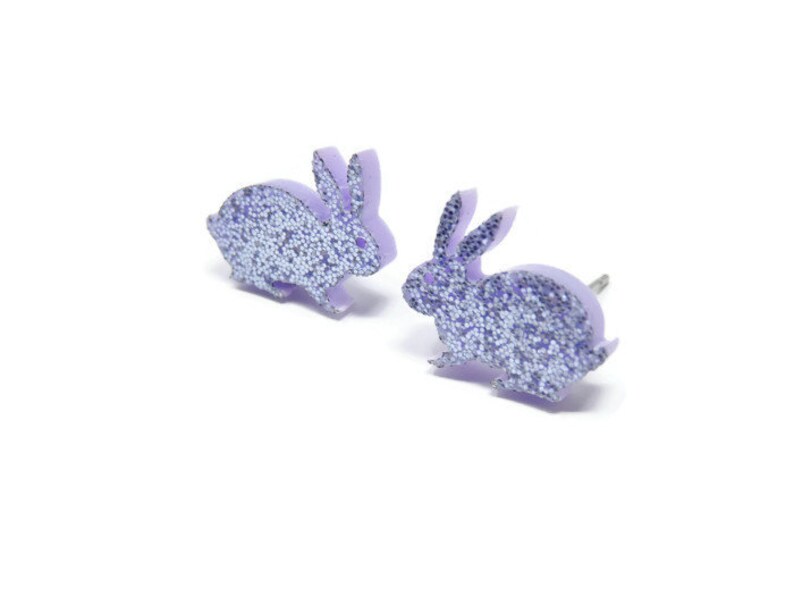 Silver Bunny Earrings On Hypoallergenic Studs You Choose Backs Silver Glitter Rabit Stud Earrings, Laser Cut Kawaii Jewelry, Easter Gift image 5