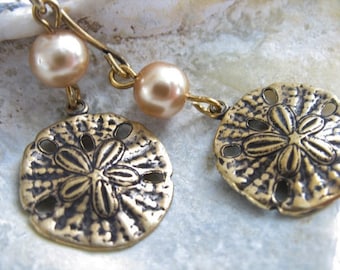 Gold Sand Dollar Earrings With Gold Glass Pearls You Choose Ear Wires - 14K Gold, Lever Back, Beach Wedding, Beach Jewerly, Nature Gifts Her