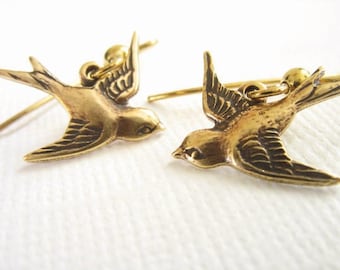 Gold Bird Earrings You Choose Ear Wires - 14K Gold, Lever Back, Bird Jewelry, Bohemian Jewelry, Small Swallow Earrings, Sparrow Earrings