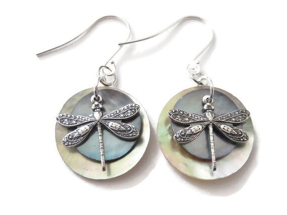 Purple Mother of Pearl Sterling Silver Dragonfly Dangle Earrings Purple Mother of Pearl Sterling Silver Dragonfly Dangle Earrings