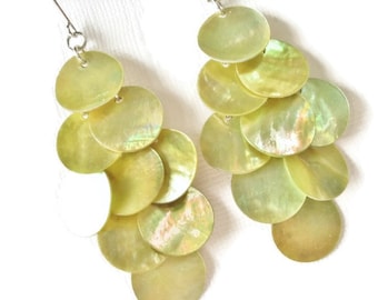 Long Mussel Shell Dangle Earrings In Lemon Lime You Choose Ear Wires - Sterling Silver, Lever Back, Chandelier Earrings, Statement Earrings