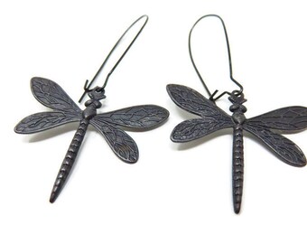 Black Dragonfly Earrings You Choose Ear Wires - Long Kidney or Wires, Insect Jewelry, Big Earrings, Dragonfly Gifts, Cottagecore Earrings