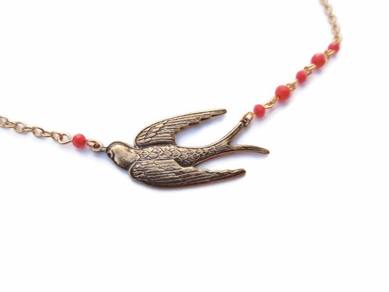 Antiqued Gold Sparrow Necklace With Orange Crystal Beads Asymmetrical Gold Bird Necklace You Choose Length Bird Jewelry Gift For Birder