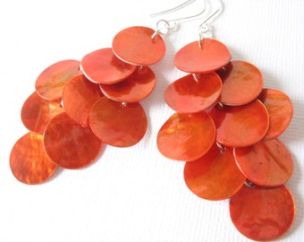 Long Shell Dangle Earrings With Orange Mussel Shell You Choose Ear Wires, Steling Silver, Leverback, Orange Chandelier Earrings, Halloween