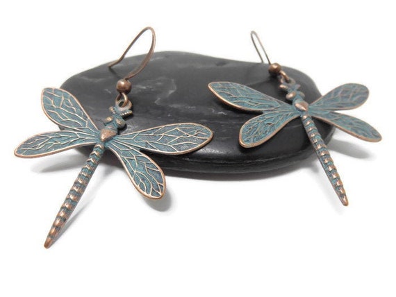 Copper Dragonfly Earrings With Verdigris Patina You Choose Ear Wires - Cottagecore Earrings, Dragonfly Jewelry, Insect Jewelry, Boho Jewelry